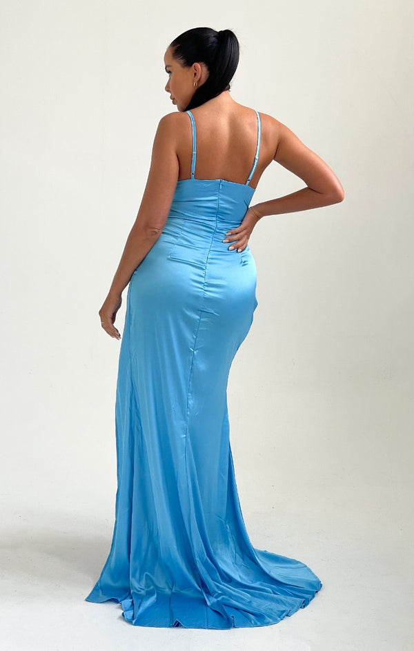 Femme Luxe Sky Blue Strappy Satin Side Split Maxi Dress - Karina