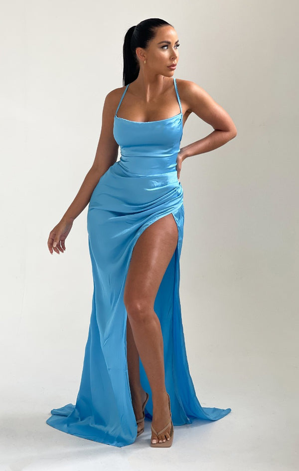 femme luxe Sky Blue Strappy Satin Side Split Maxi Dress - Karina