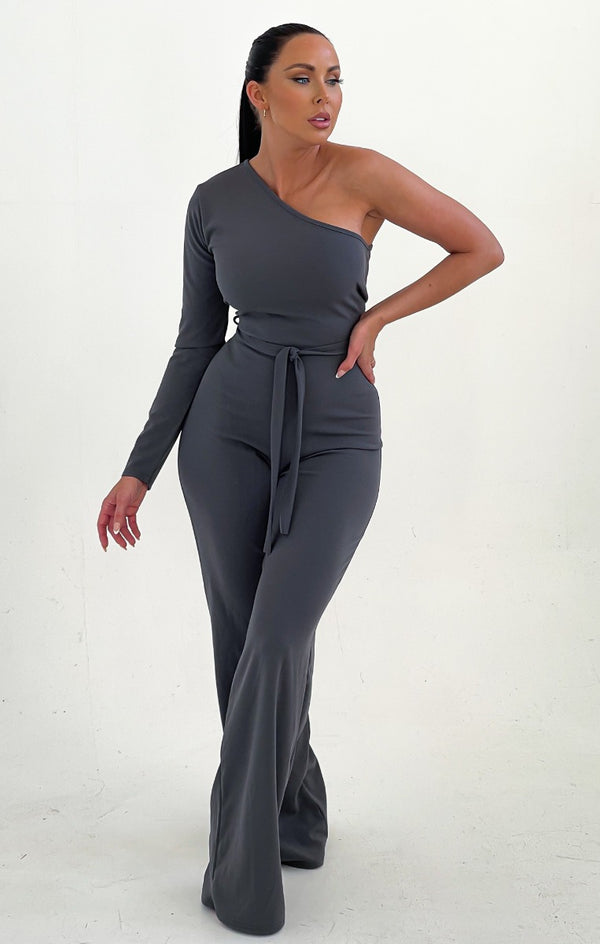 Femme Luxe Smoke Grey Belted One Shoulder Jumpsuit - Evelyn