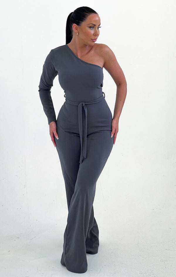 femme luxe Smoke Grey Belted One Shoulder Jumpsuit - Evelyn