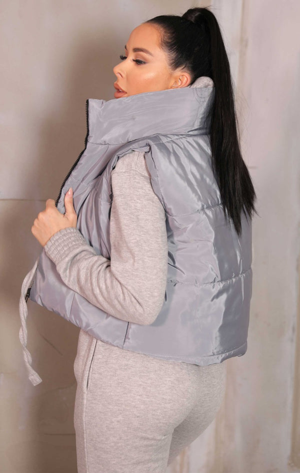 Femme Luxe Smoke Grey High Neck Sleeveless Zip Up Cropped Puffer Gilet - Brea