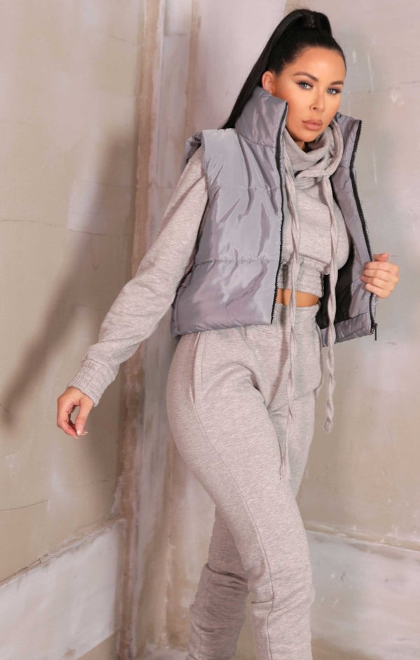 femme luxe Smoke Grey High Neck Sleeveless Zip Up Cropped Puffer Gilet - Brea