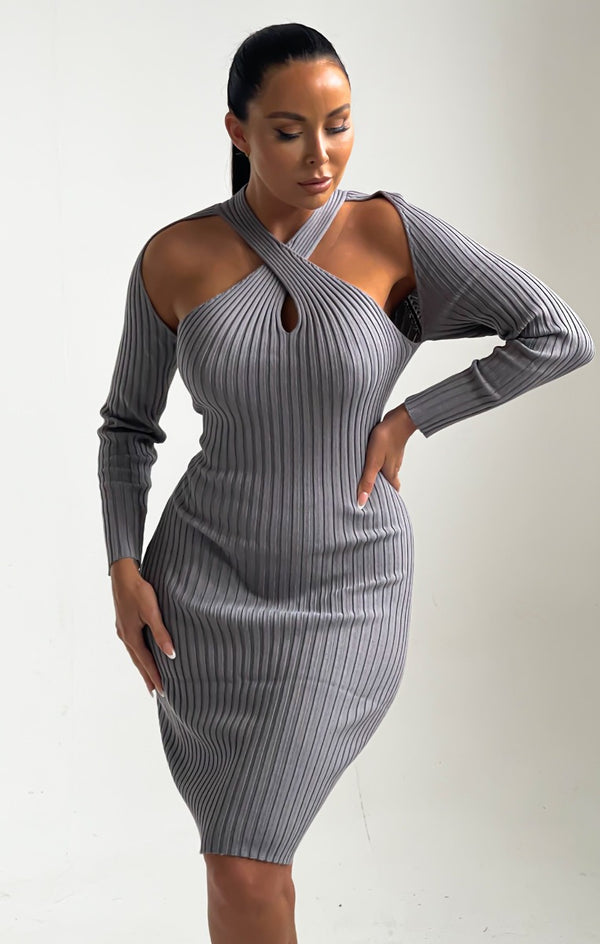 Femme Luxe Smoke Grey Knitted Ribbed Long Sleeve Cut-Out Bodycon Midi Dress - Bryanne