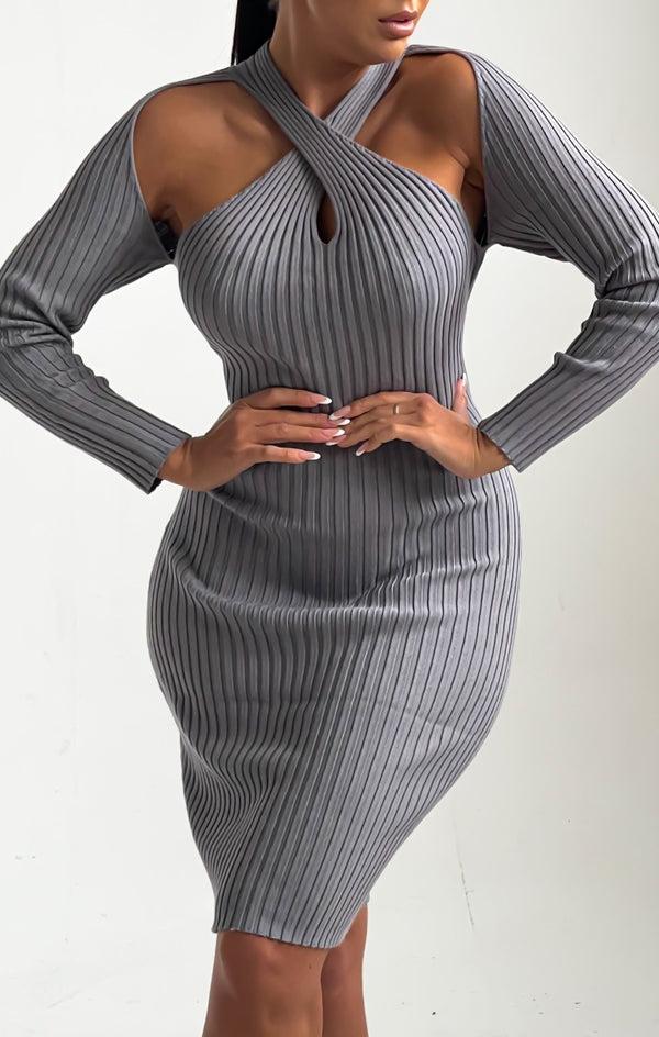 Femme Luxe Smoke Grey Knitted Ribbed Long Sleeve Cut-Out Bodycon Midi Dress - Bryanne