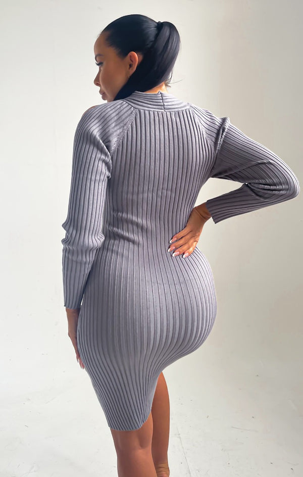 Femme Luxe Smoke Grey Knitted Ribbed Long Sleeve Cut-Out Bodycon Midi Dress - Bryanne