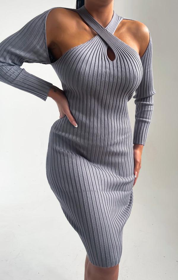 femme luxe Smoke Grey Knitted Ribbed Long Sleeve Cut-Out Bodycon Midi Dress - Bryanne