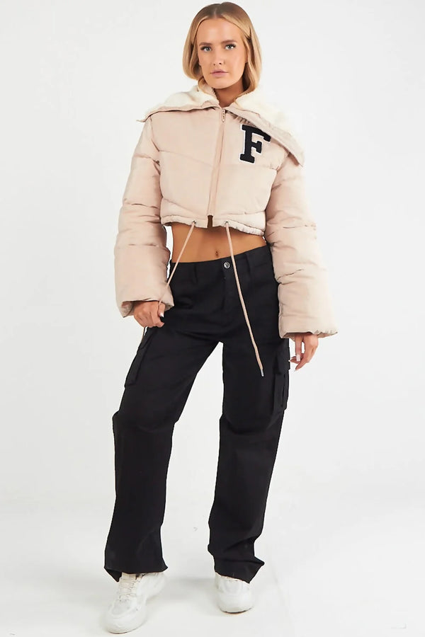 Femme Luxe Stone Borg Collar Short Puffer Coat-Pola