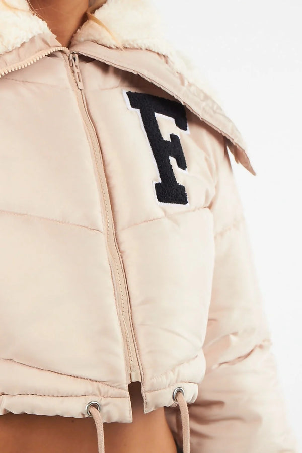 Femme Luxe Stone Borg Collar Short Puffer Coat-Pola