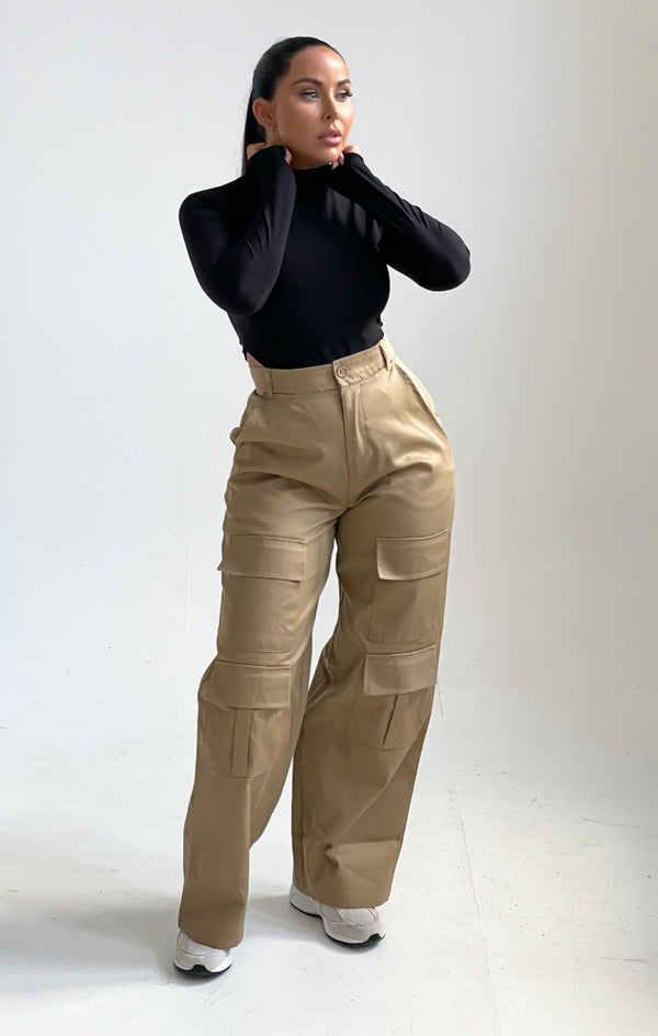 Femme Luxe Stone Button Up Double Pocket Cargo Trousers - Laya