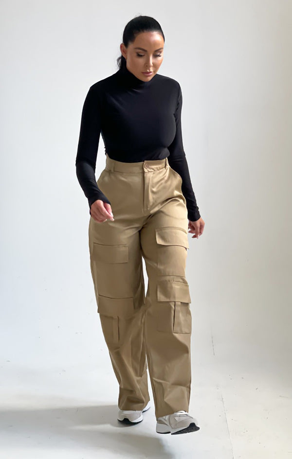 Femme Luxe Stone Button Up Double Pocket Cargo Trousers - Laya