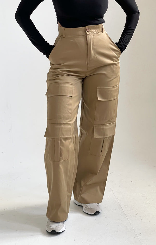 femme luxe Stone Button Up Double Pocket Cargo Trousers - Laya