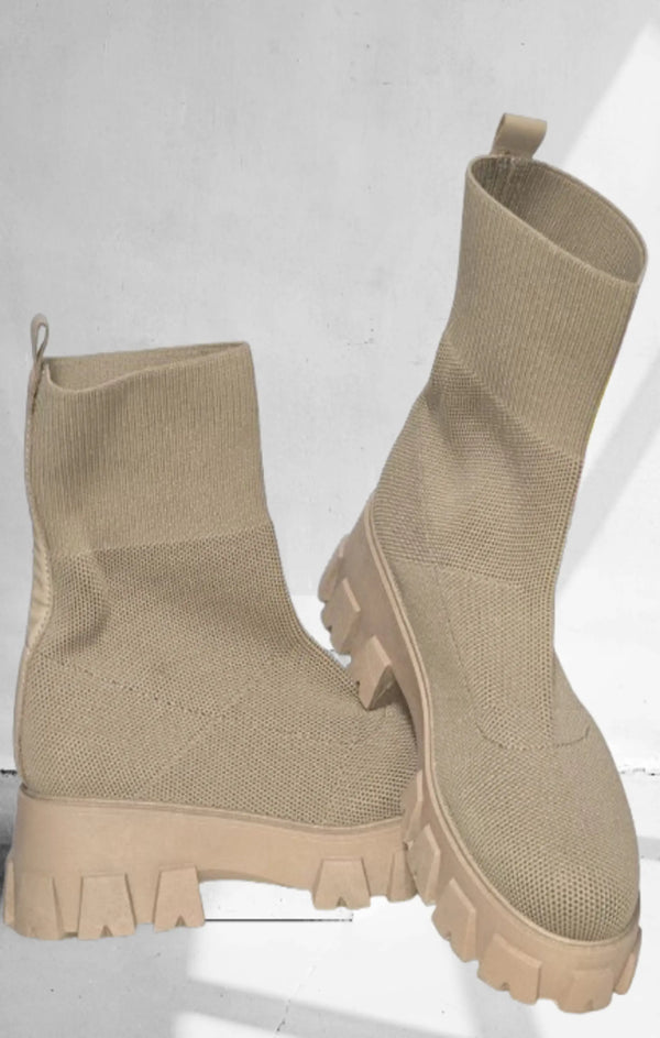 Femme Luxe Stone Cleated Pull On Knit Chunky Sole Sock Ankle Boots - Melissa