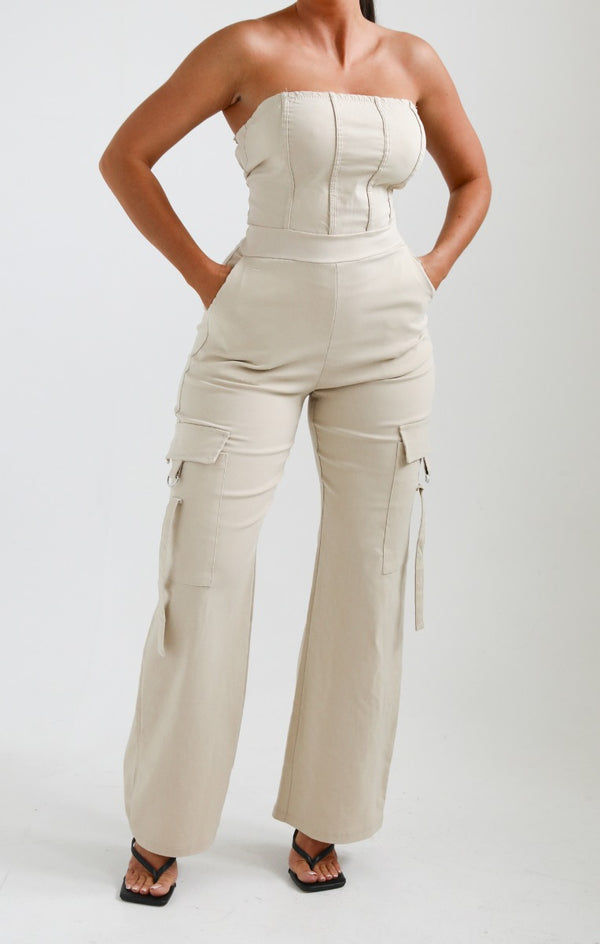 Femme Luxe Stone Corset Detail Cargo Flared Jumpsuit - Layla