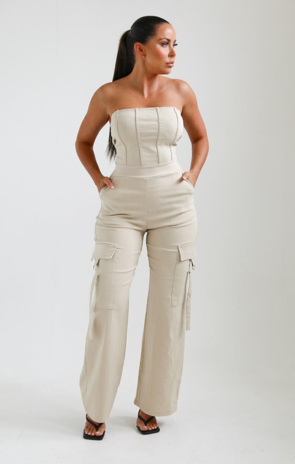 Femme Luxe Stone Corset Detail Cargo Flared Jumpsuit - Layla
