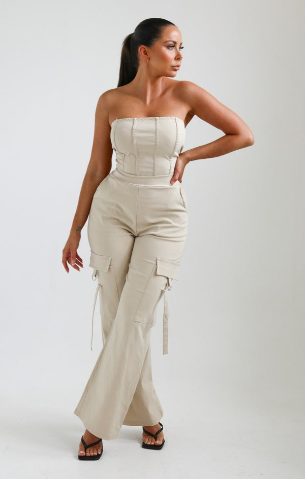 Femme Luxe Stone Corset Detail Cargo Flared Jumpsuit - Layla