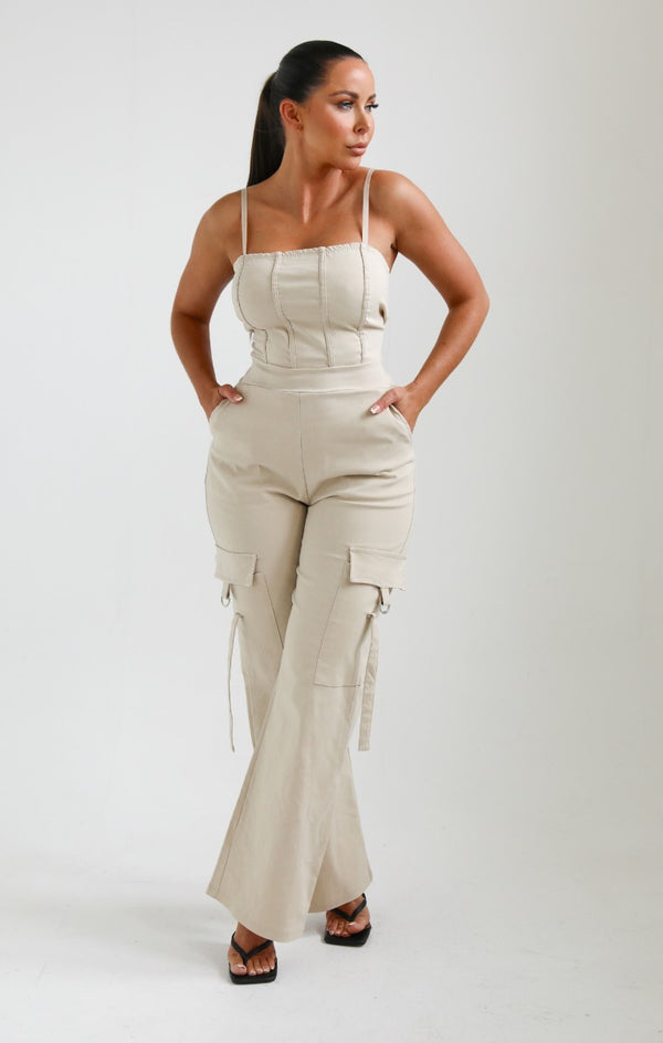 femme luxe Stone Corset Detail Cargo Flared Jumpsuit - Layla