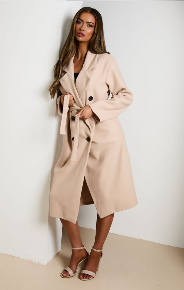 femme luxe Stone Double Breasted Black Button Detail Belted Trench Coat - Eliana