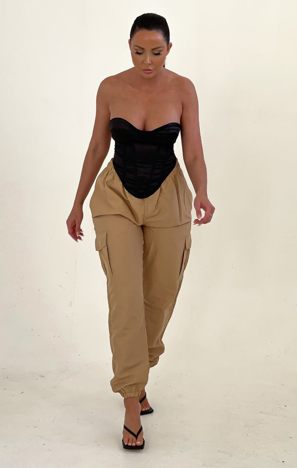 Femme Luxe Stone Drawstring Elasticated Waist Cuffed Pocket Parachute Trousers - Love