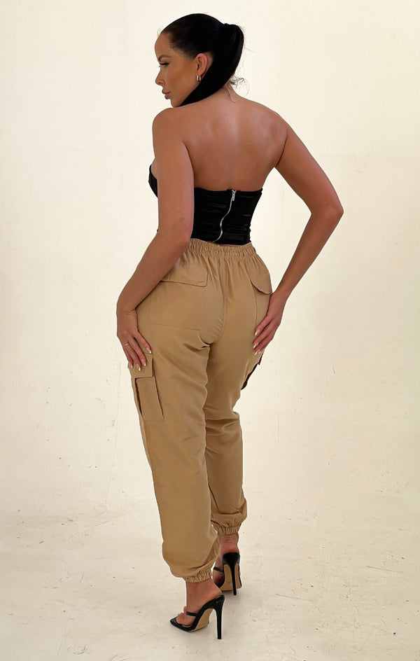 Femme Luxe Stone Drawstring Elasticated Waist Cuffed Pocket Parachute Trousers - Love