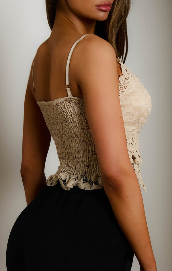 Femme Luxe Stone Embroidered Strappy Cropped Length Mesh Insert Top - Emilia