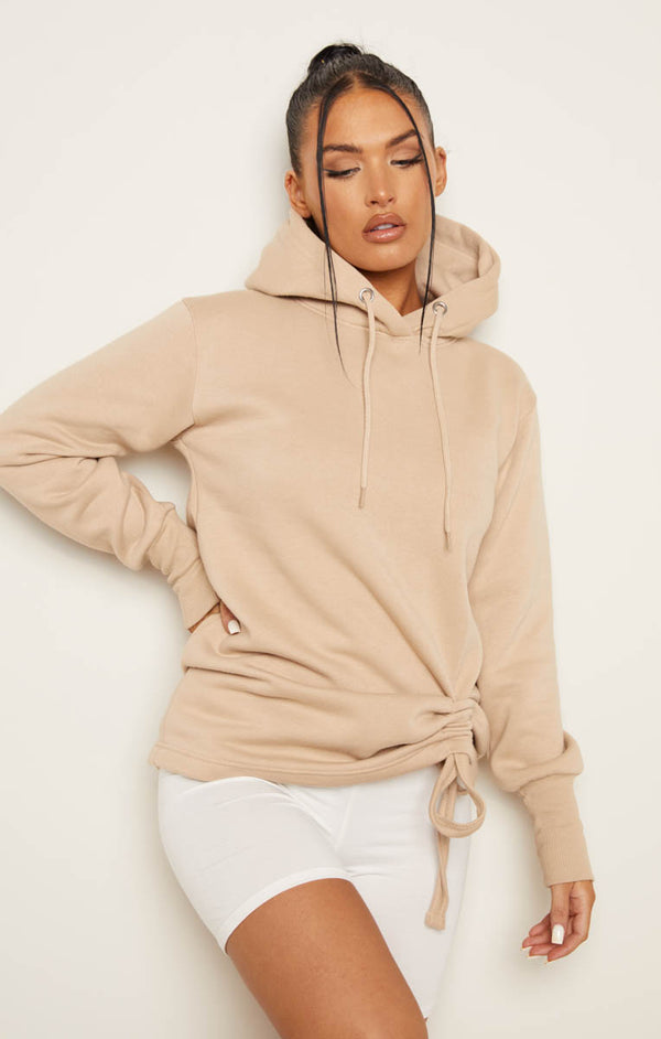 femme luxe Stone Fleece Oversized Long Sleeve Ruched Front Hoodie - Lana