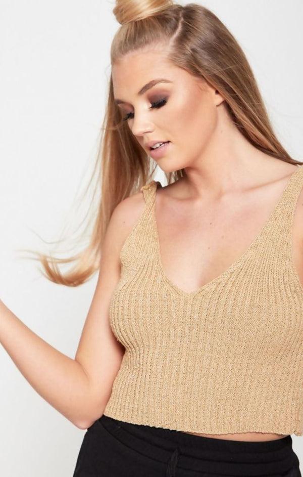 Femme Luxe Stone Glitter Rib Knitted Crop Top - Rosantha