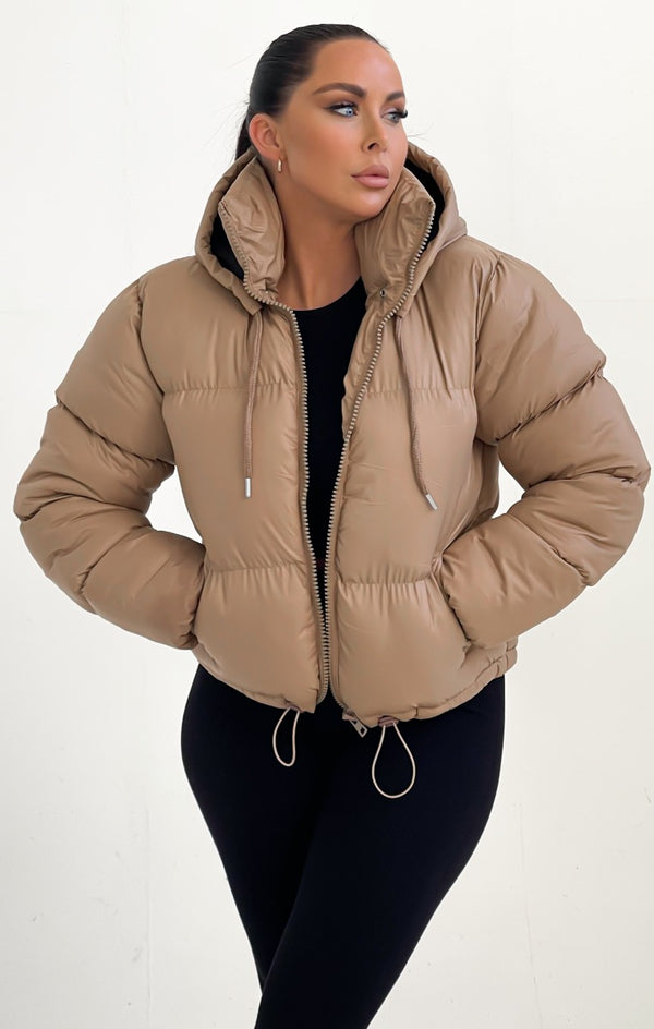Femme Luxe Stone Hooded Drawstring Cropped Puffer Jacket - Stacey