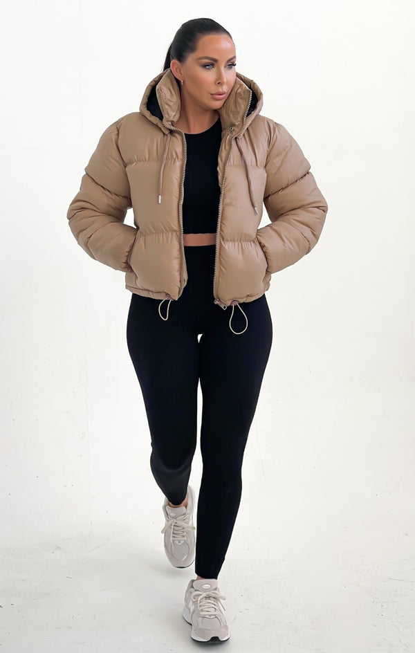 Femme Luxe Stone Hooded Drawstring Cropped Puffer Jacket - Stacey