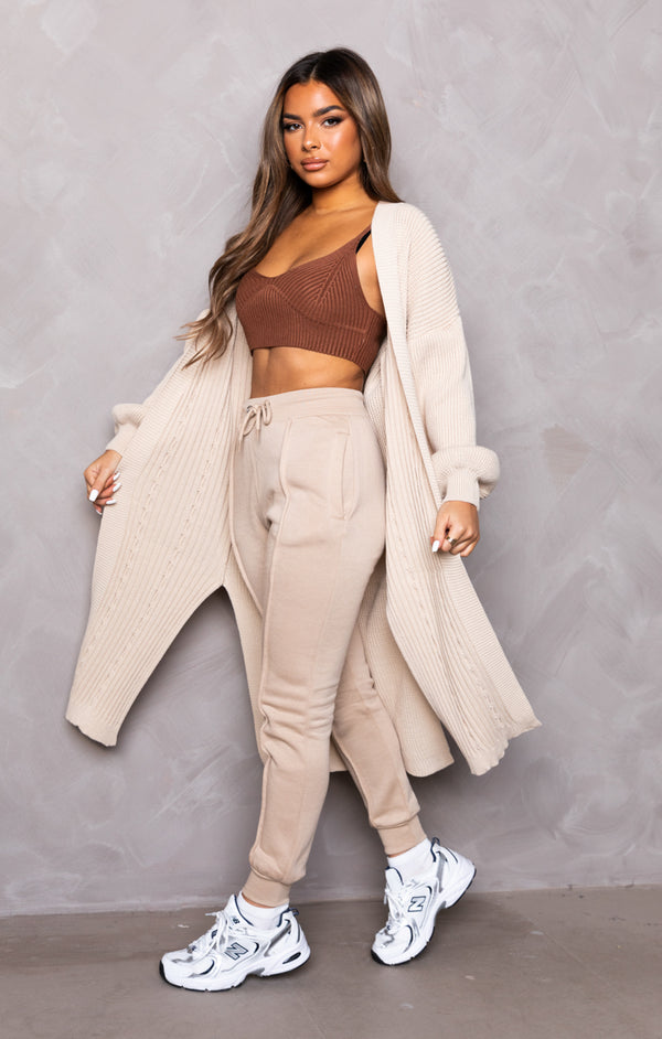 Femme Luxe Stone Knitted Balloon Sleeve Side Split Longline Midi Cardigan- Emmy