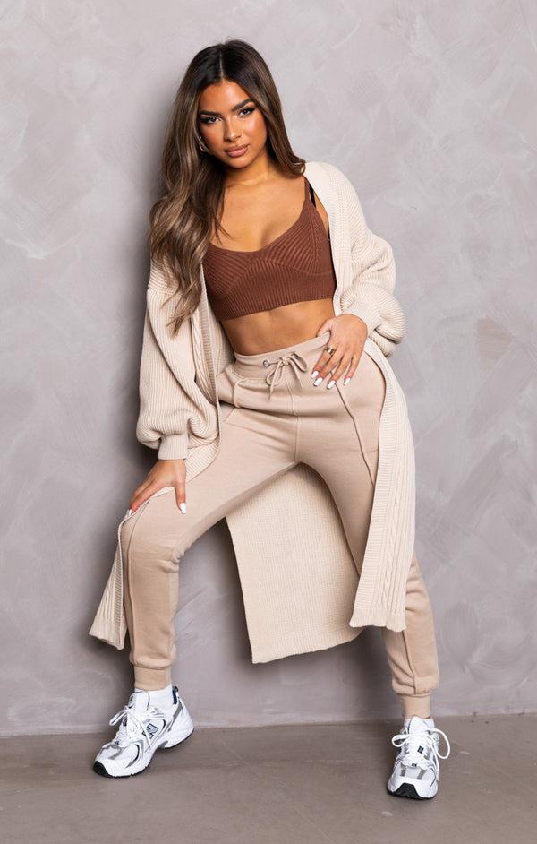 Femme Luxe Stone Knitted Balloon Sleeve Side Split Longline Midi Cardigan- Emmy