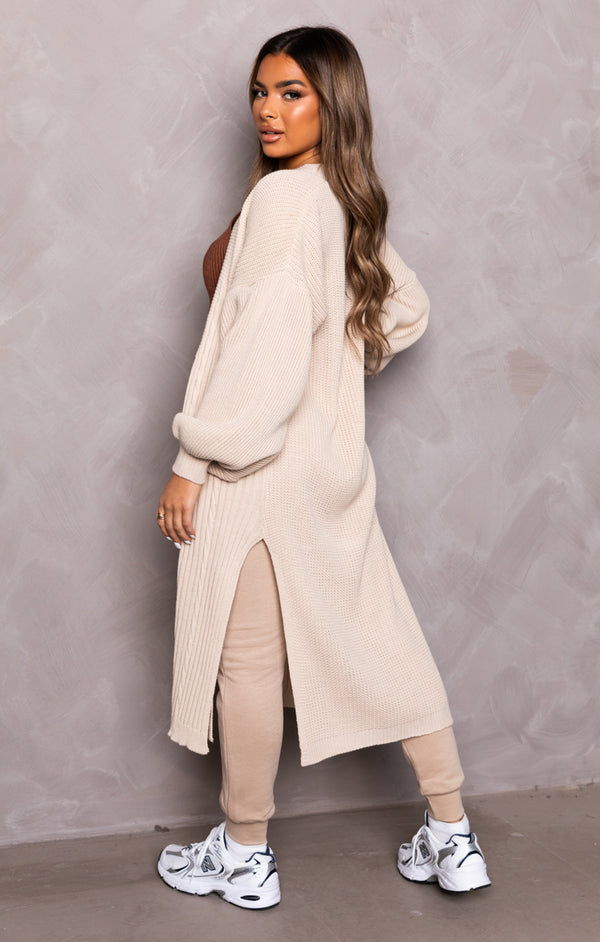 Femme Luxe Stone Knitted Balloon Sleeve Side Split Longline Midi Cardigan- Emmy