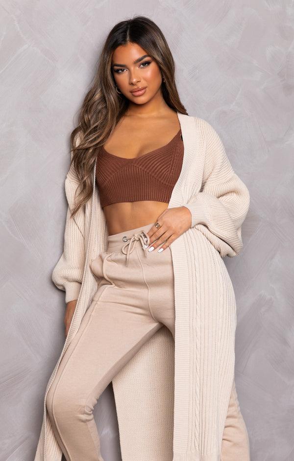 femme luxe Stone Knitted Balloon Sleeve Side Split Longline Midi Cardigan- Emmy