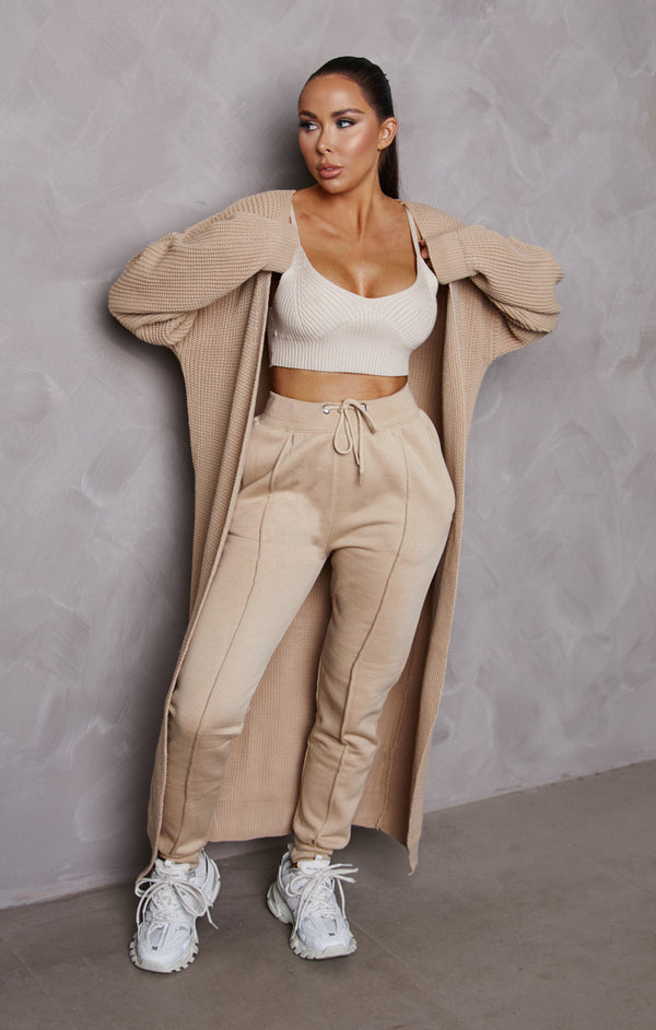 Femme Luxe Stone Knitted Long Puff Sleeve Midi Longline Cardigan - Poppy