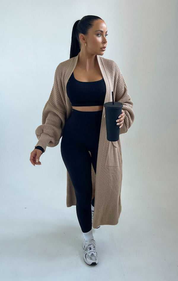 Femme Luxe Stone Knitted Long Sleeve Pocket Detail Ribbed Cardigan - Leanne