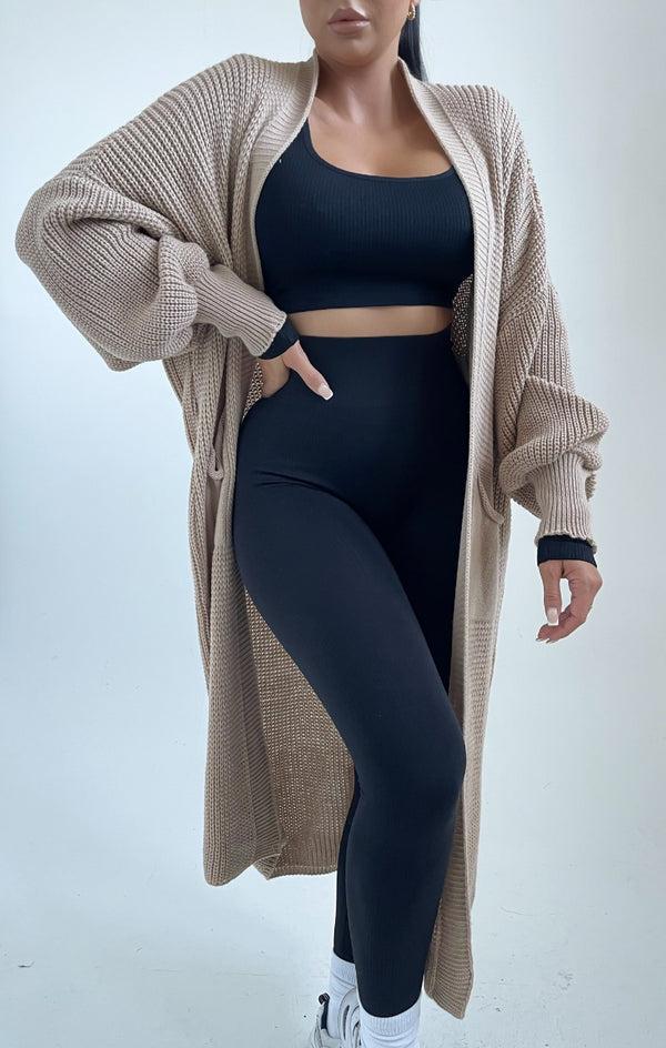 Femme Luxe Stone Knitted Long Sleeve Pocket Detail Ribbed Cardigan - Leanne