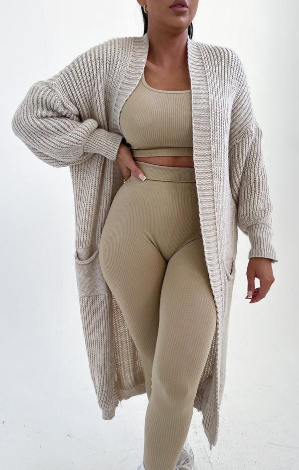 Femme Luxe Stone Knitted Long Sleeve Pocket Detail Ribbed Cardigan - Leanne