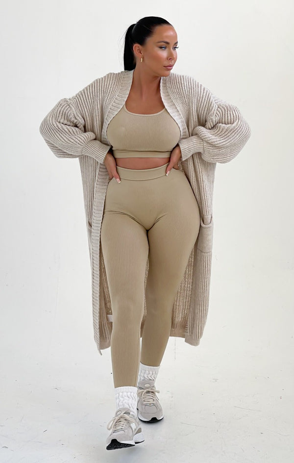 femme luxe Stone Knitted Long Sleeve Pocket Detail Ribbed Cardigan - Leanne