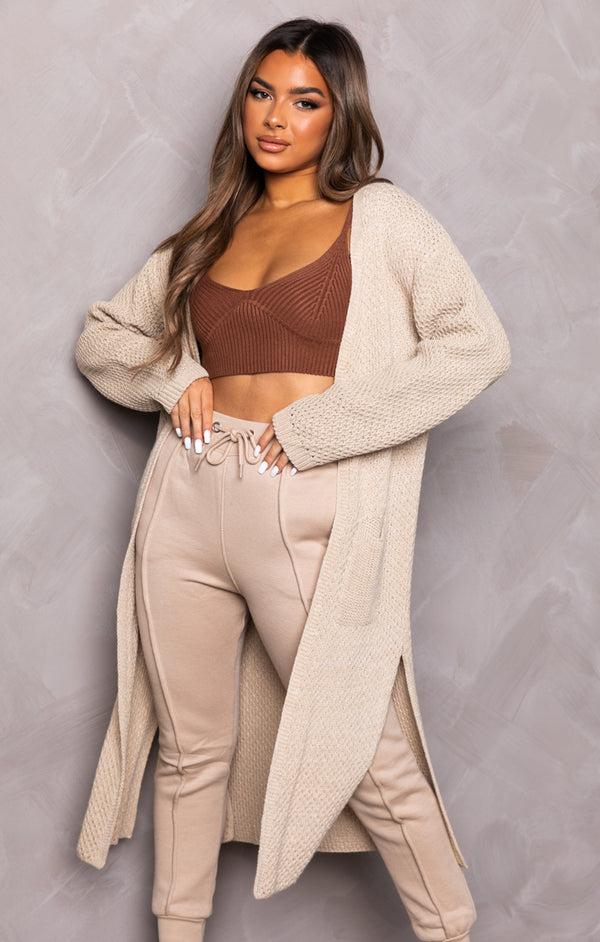 Femme Luxe Stone Knitted Long Sleeve Side Split Longline Midi Cardigan - Avery