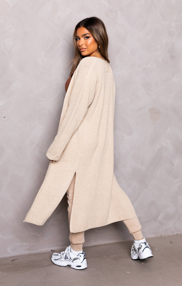 Femme Luxe Stone Knitted Long Sleeve Side Split Longline Midi Cardigan - Avery