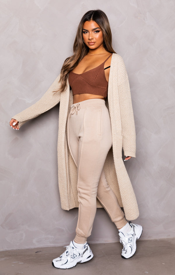 Femme Luxe Stone Knitted Long Sleeve Side Split Longline Midi Cardigan - Avery