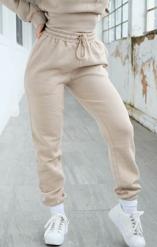 Femme Luxe Stone Long Sleeve Cropped Fleece Hoodie & Cuffed Joggers Loungewear Set - Layla