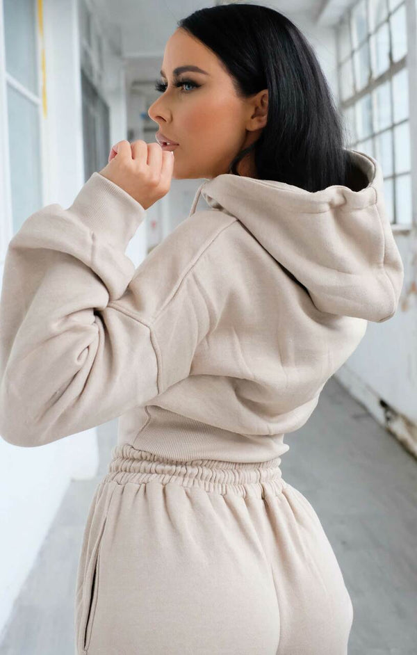 Femme Luxe Stone Long Sleeve Cropped Fleece Hoodie & Cuffed Joggers Loungewear Set - Layla