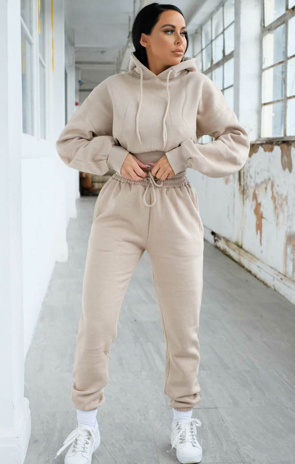 femme luxe Stone Long Sleeve Cropped Fleece Hoodie & Cuffed Joggers Loungewear Set - Layla