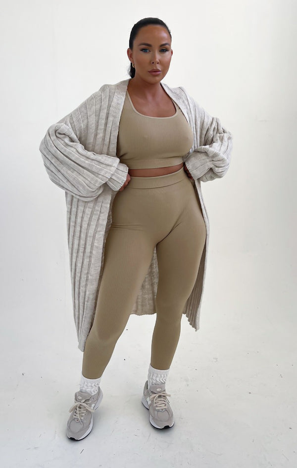 Femme Luxe Stone Long Sleeve Ribbed Midi Cardigan - Ivy