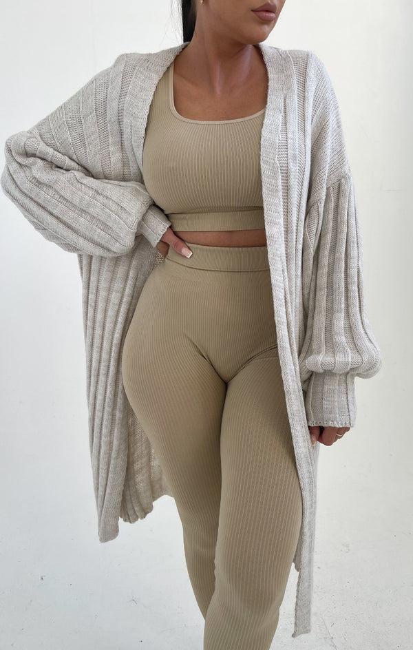 Femme Luxe Stone Long Sleeve Ribbed Midi Cardigan - Ivy