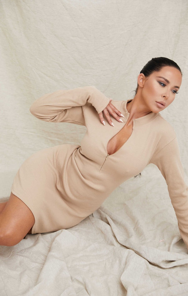 Femme Luxe Stone Long Sleeve Ribbed Zip Up Mini Dress - Eluned