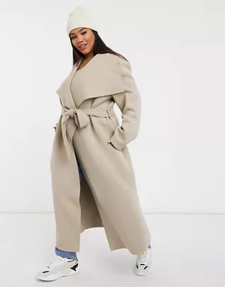 Femme Luxe Stone Maxi Length Oversized Waterfall Belted Coat - Payton