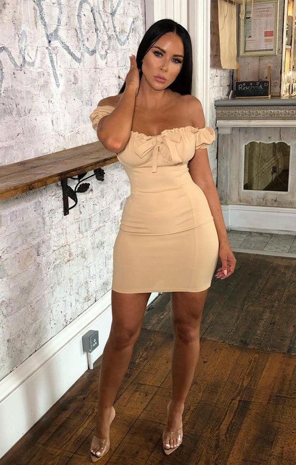 femme luxe Stone Milkmaid Bardot Bodycon Mini Dress - Jett