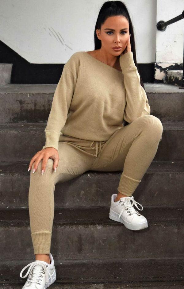 Femme Luxe Stone Off The Shoulder Jumper & Drawstring High Waisted Joggers Knitted Loungewear Set - Christina