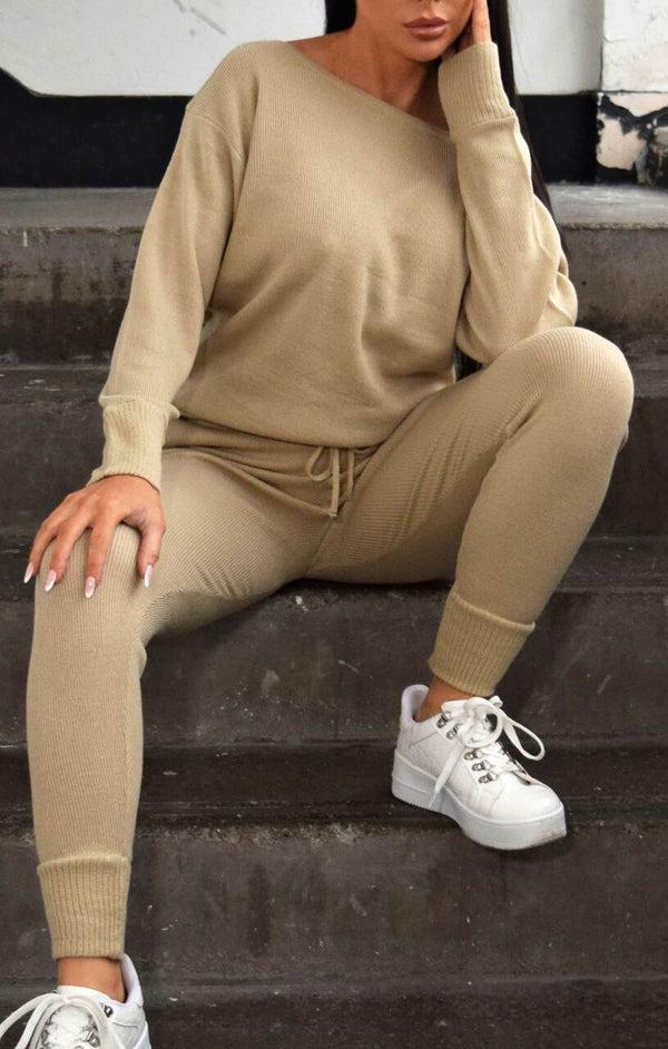 Femme Luxe Stone Off The Shoulder Jumper & Drawstring High Waisted Joggers Knitted Loungewear Set - Christina